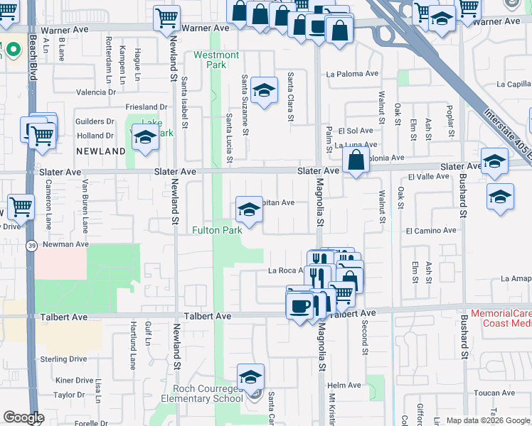 map of restaurants, bars, coffee shops, grocery stores, and more near 8807 El Lago Avenue in Fountain Valley