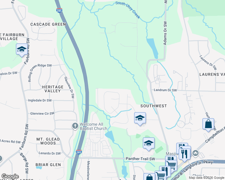 map of restaurants, bars, coffee shops, grocery stores, and more near 3130 Esplanade Circle Southwest in Atlanta