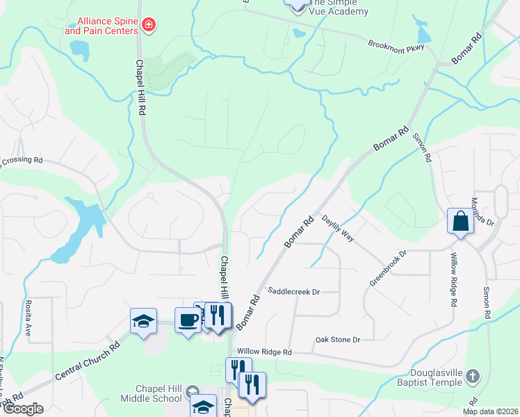 map of restaurants, bars, coffee shops, grocery stores, and more near 3666 Winding Trail Drive in Douglasville
