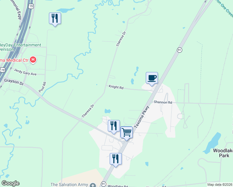 map of restaurants, bars, coffee shops, grocery stores, and more near 2330 Knight Rd in Denison