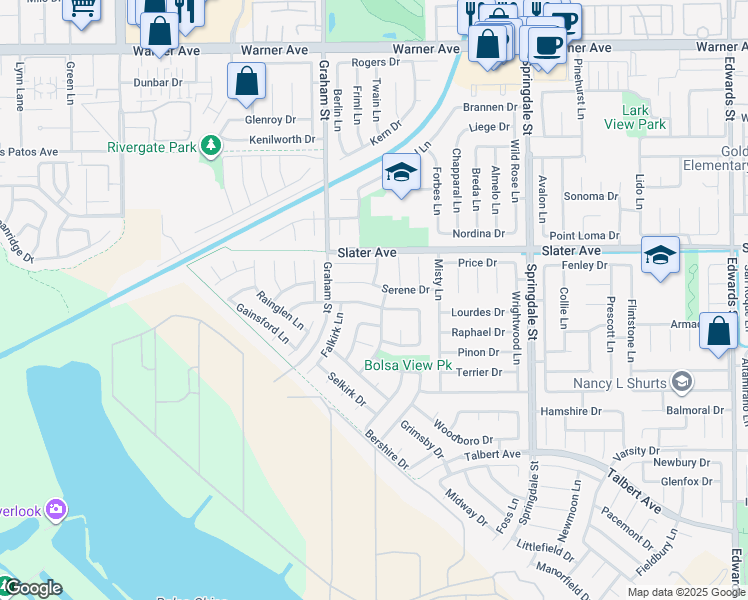 map of restaurants, bars, coffee shops, grocery stores, and more near 5611 Ridgebury Drive in Huntington Beach