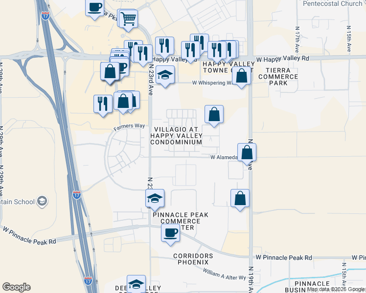 map of restaurants, bars, coffee shops, grocery stores, and more near Unnamed Road in Phoenix