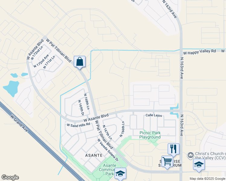 map of restaurants, bars, coffee shops, grocery stores, and more near North Pat Tillman Boulevard in Surprise