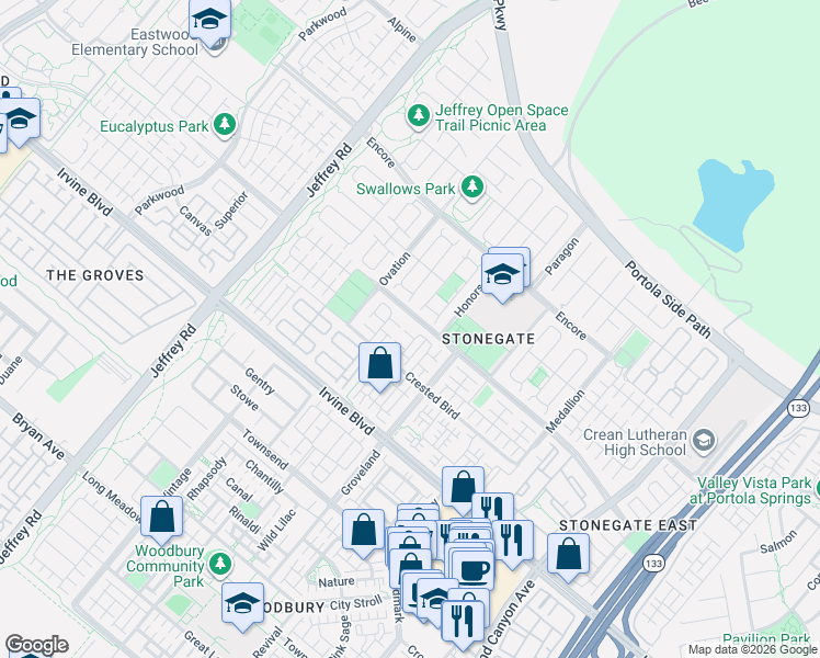 map of restaurants, bars, coffee shops, grocery stores, and more near 243 Mayfair in Irvine