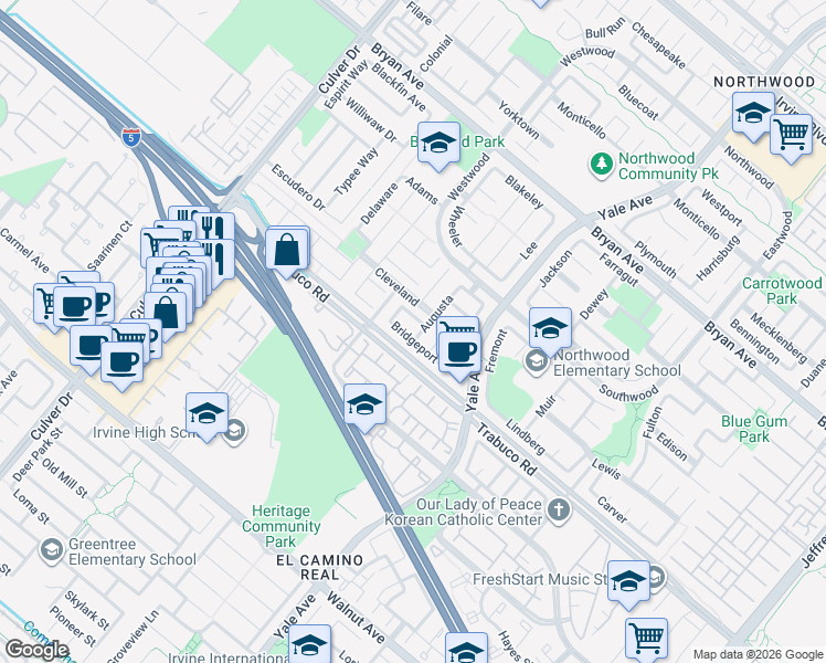 map of restaurants, bars, coffee shops, grocery stores, and more near 43 Augusta in Irvine
