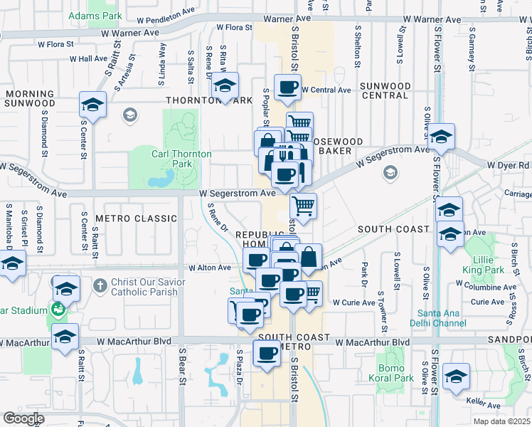 map of restaurants, bars, coffee shops, grocery stores, and more near 3050 South Bristol Street in Santa Ana