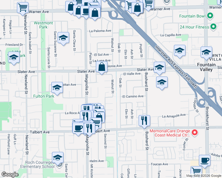 map of restaurants, bars, coffee shops, grocery stores, and more near 17648 Walnut Street in Fountain Valley