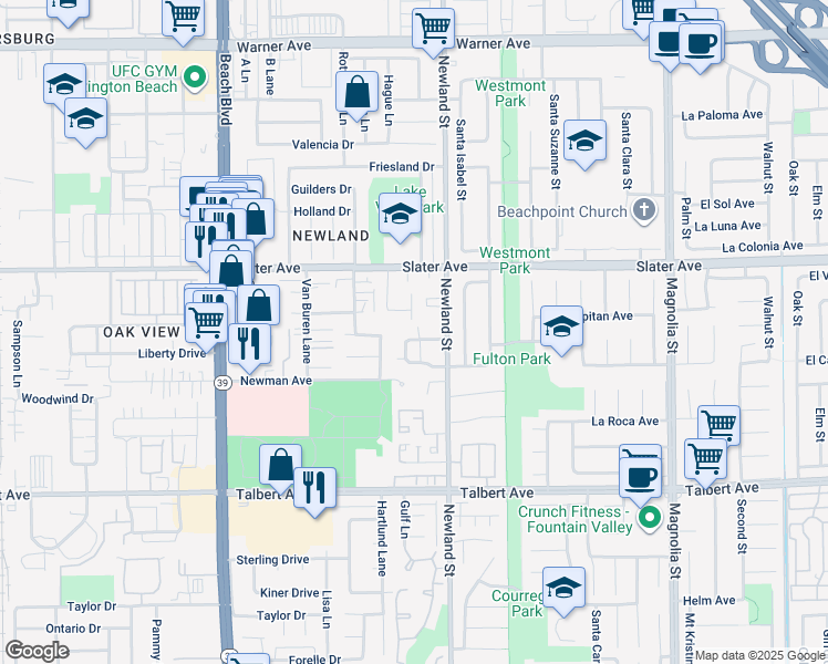 map of restaurants, bars, coffee shops, grocery stores, and more near 8471 Benjamin Drive in Huntington Beach