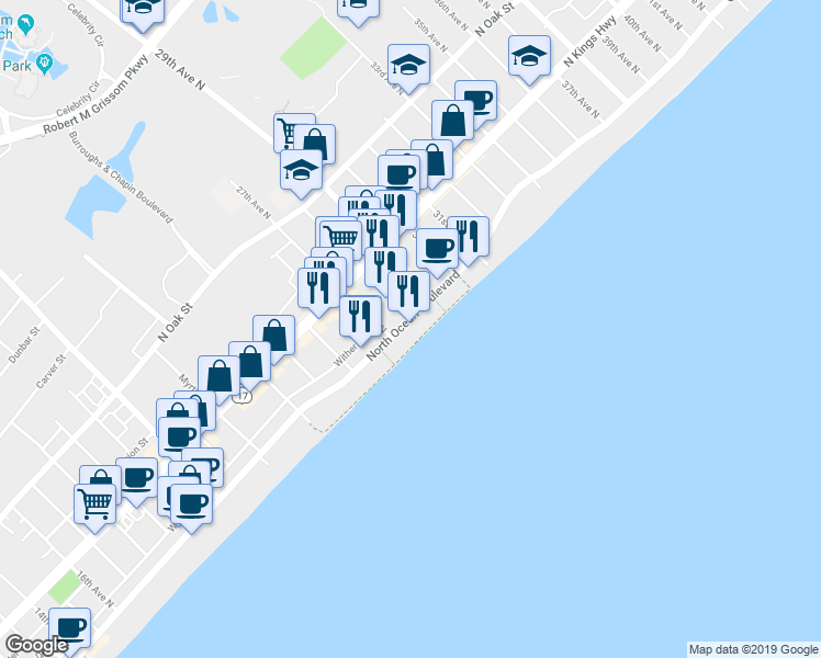 map of restaurants, bars, coffee shops, grocery stores, and more near 2800 North Ocean Boulevard in Myrtle Beach