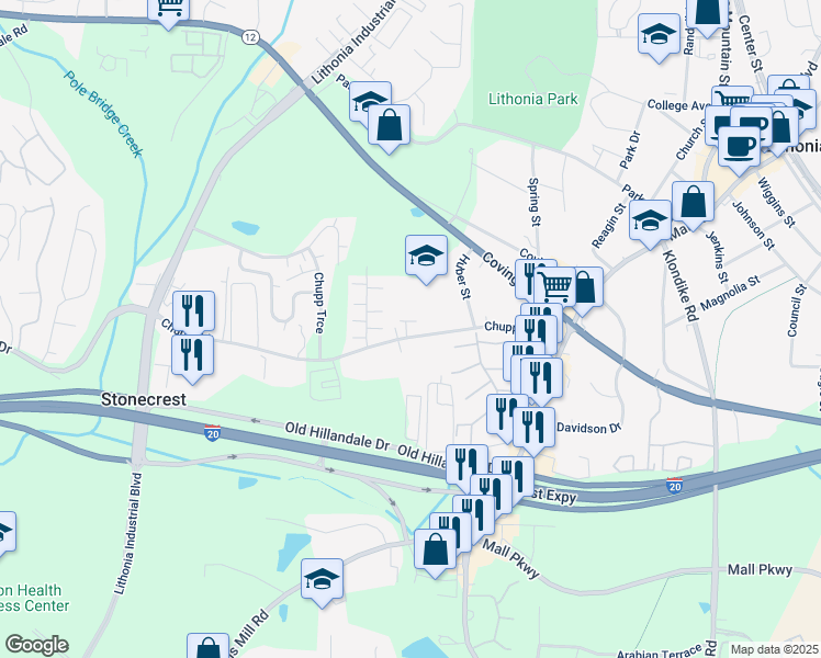 map of restaurants, bars, coffee shops, grocery stores, and more near 6688 Chupp Road in Lithonia