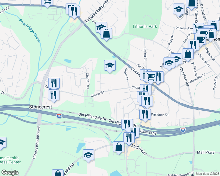 map of restaurants, bars, coffee shops, grocery stores, and more near 6688 Chupp Road in Lithonia
