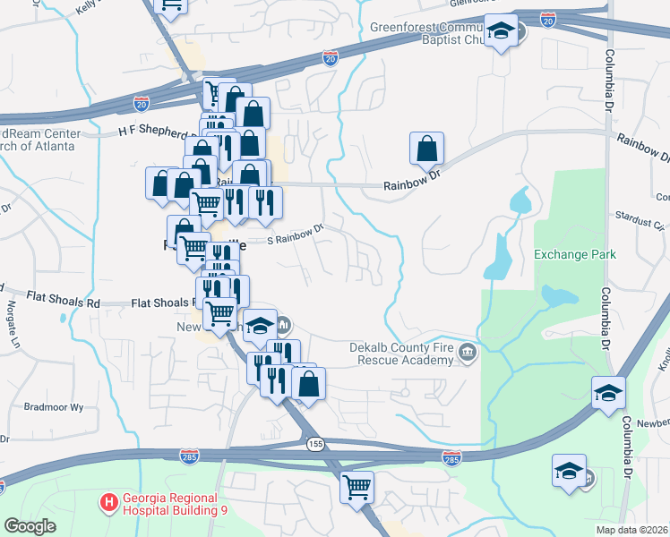 map of restaurants, bars, coffee shops, grocery stores, and more near 1564 Eastern Sunrise Lane in Decatur