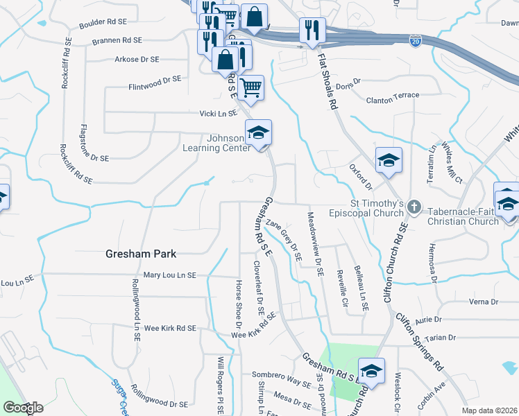 map of restaurants, bars, coffee shops, grocery stores, and more near 2047 Boulderview Drive Southeast in Atlanta