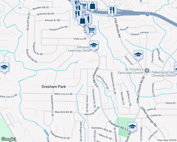 map of restaurants, bars, coffee shops, grocery stores, and more near 2033 Boulderview Drive Southeast in Atlanta