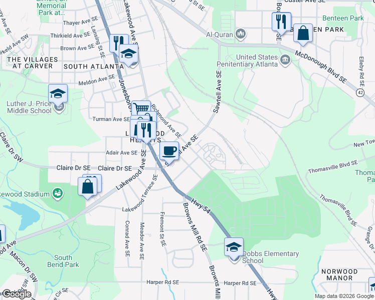 map of restaurants, bars, coffee shops, grocery stores, and more near 369 Sawtell Avenue Southeast in Atlanta