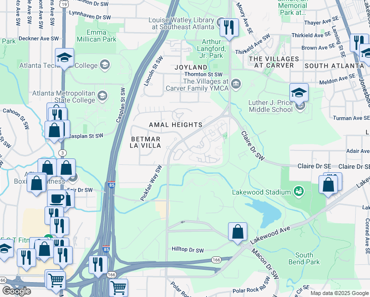 map of restaurants, bars, coffee shops, grocery stores, and more near 1752 Pryor Road Southwest in Atlanta