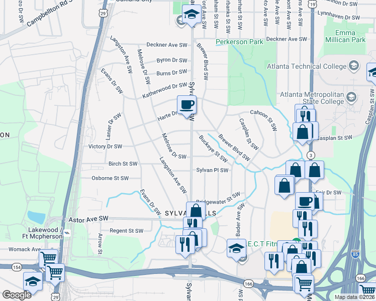 map of restaurants, bars, coffee shops, grocery stores, and more near 1773 Sylvan Road Southwest in Atlanta