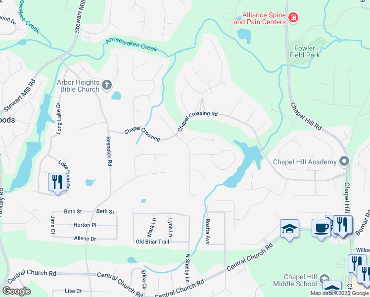 map of restaurants, bars, coffee shops, grocery stores, and more near 3643 Fowler Ridge in Douglasville