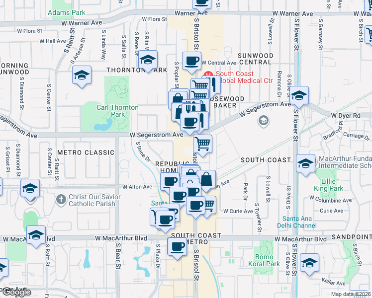map of restaurants, bars, coffee shops, grocery stores, and more near 3050 South Bristol Street in Santa Ana