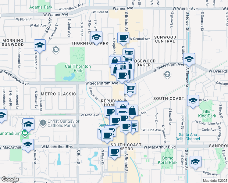 map of restaurants, bars, coffee shops, grocery stores, and more near 3050 South Bristol Street in Santa Ana
