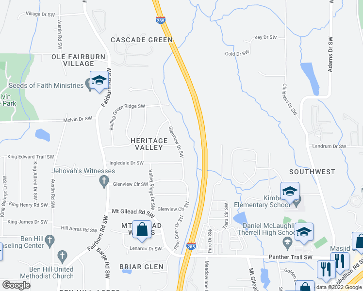 map of restaurants, bars, coffee shops, grocery stores, and more near 1794 Glenview Drive Southwest in Atlanta
