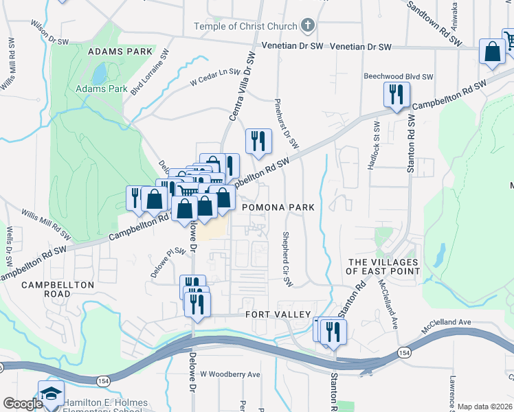 map of restaurants, bars, coffee shops, grocery stores, and more near 1988 Plaza Lane Southwest in Atlanta