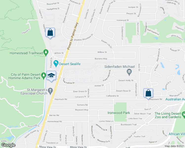 map of restaurants, bars, coffee shops, grocery stores, and more near 73067 Pancho Segura Lane in Palm Desert