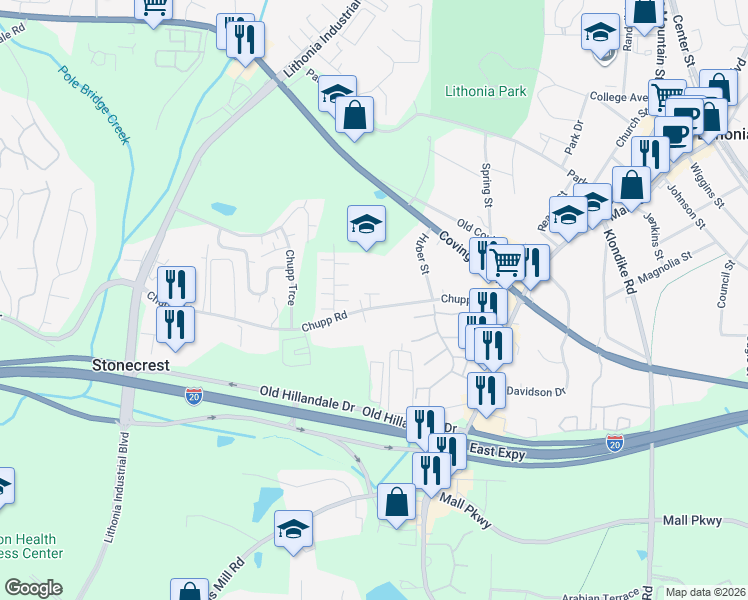 map of restaurants, bars, coffee shops, grocery stores, and more near 6688 Chupp Road in Lithonia