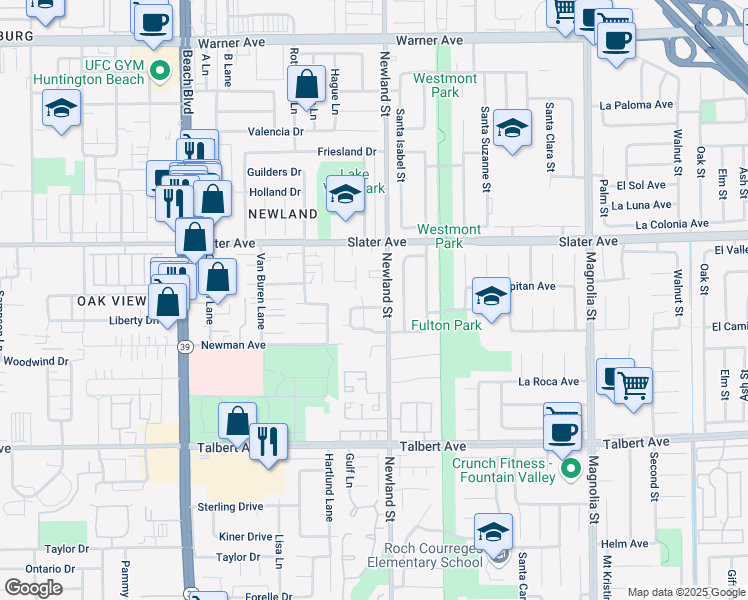 map of restaurants, bars, coffee shops, grocery stores, and more near 8471 Benjamin Drive in Huntington Beach