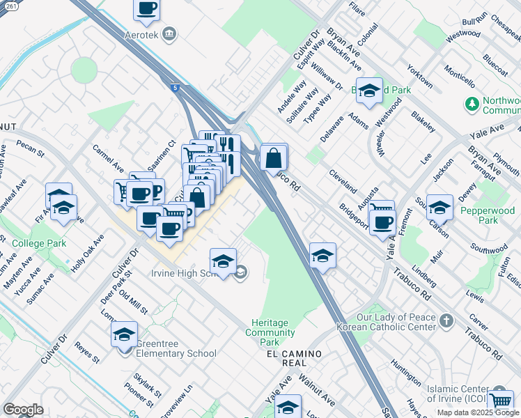 map of restaurants, bars, coffee shops, grocery stores, and more near 12 Orangetip in Irvine