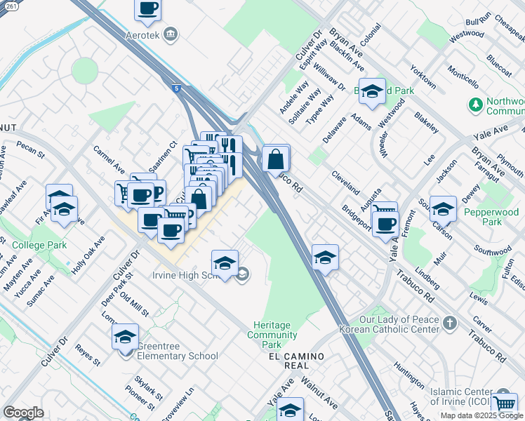 map of restaurants, bars, coffee shops, grocery stores, and more near 12 Orangetip in Irvine