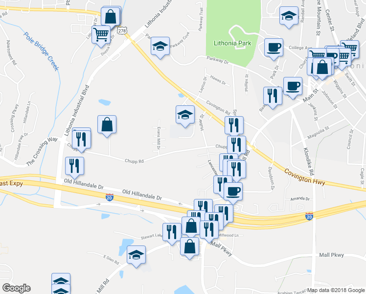 map of restaurants, bars, coffee shops, grocery stores, and more near 6688 Chupp Road in Lithonia