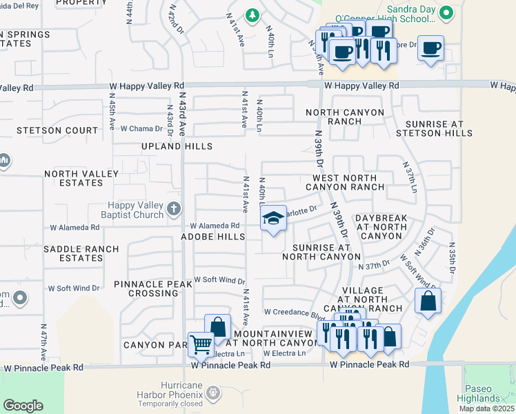 map of restaurants, bars, coffee shops, grocery stores, and more near 24226 North 40th Lane in Glendale