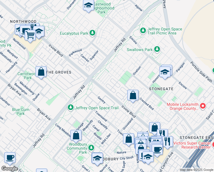 map of restaurants, bars, coffee shops, grocery stores, and more near 104 Churchill in Irvine