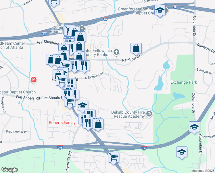 map of restaurants, bars, coffee shops, grocery stores, and more near 1564 Eastern Sunrise Lane in Decatur