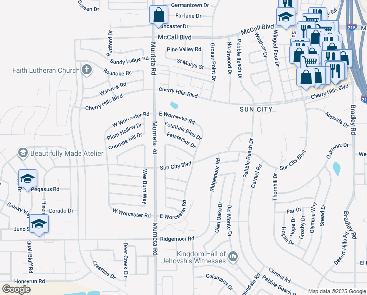map of restaurants, bars, coffee shops, grocery stores, and more near 26290 Burlington Way in Menifee
