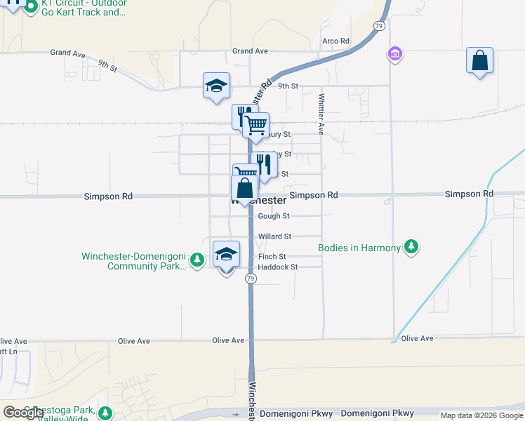 map of restaurants, bars, coffee shops, grocery stores, and more near 33003 Gough Street in Winchester