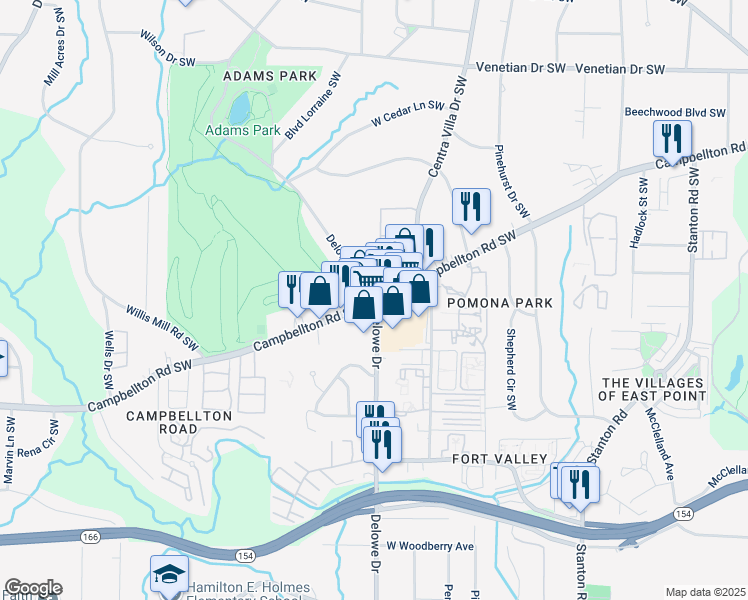 map of restaurants, bars, coffee shops, grocery stores, and more near 1780 Delowe Drive in Atlanta