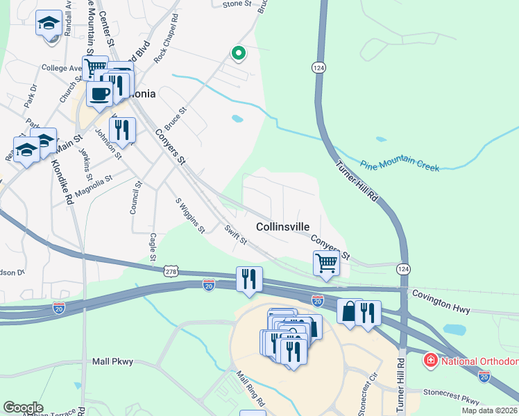 map of restaurants, bars, coffee shops, grocery stores, and more near 7534 Conyers Street in Lithonia