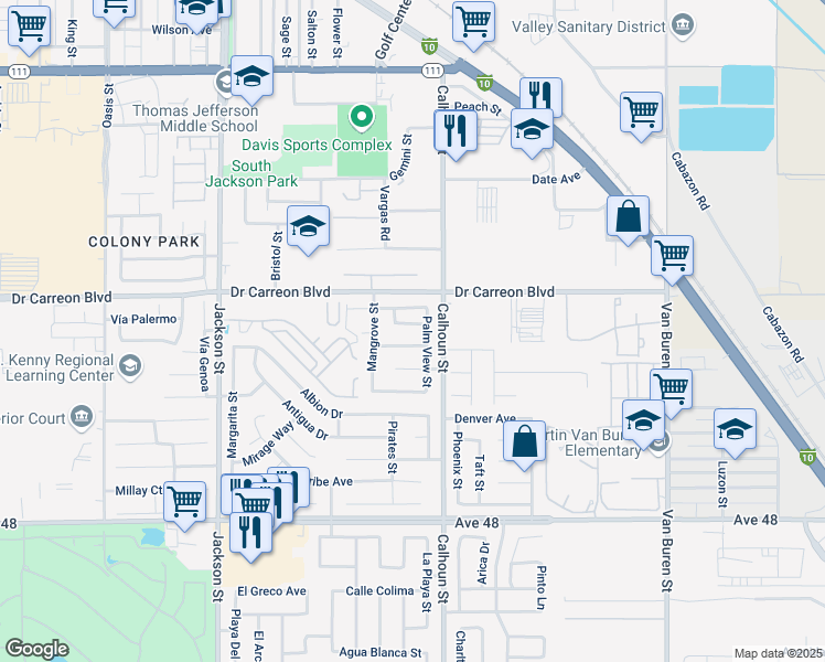map of restaurants, bars, coffee shops, grocery stores, and more near 83427 Ocean Breeze Lane in Indio