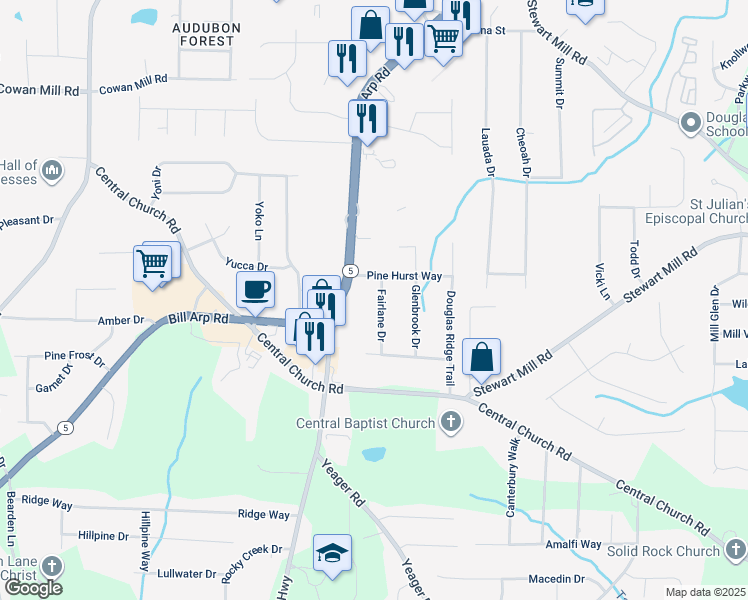 map of restaurants, bars, coffee shops, grocery stores, and more near 3653 Fairlane Drive in Douglasville