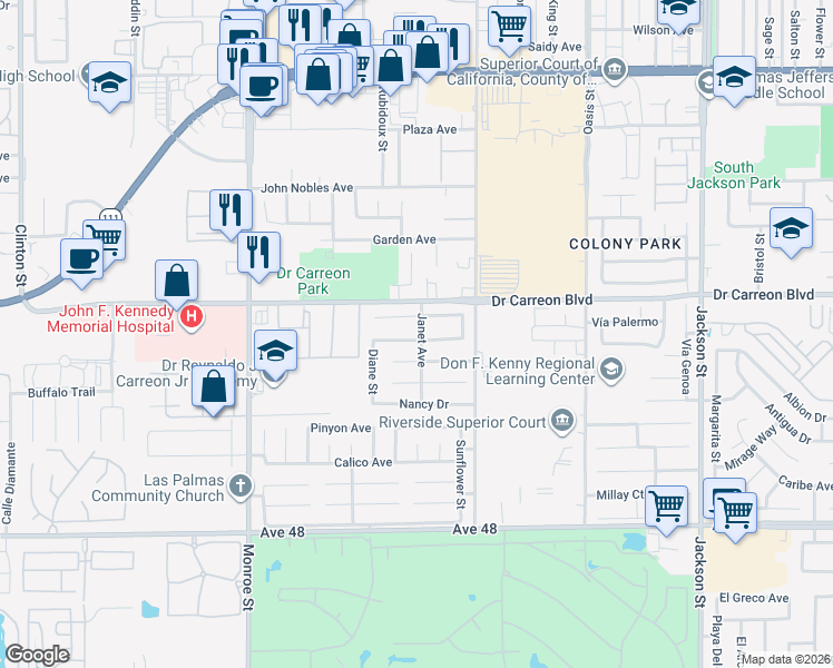 map of restaurants, bars, coffee shops, grocery stores, and more near 82390 Deborah Dr in Indio