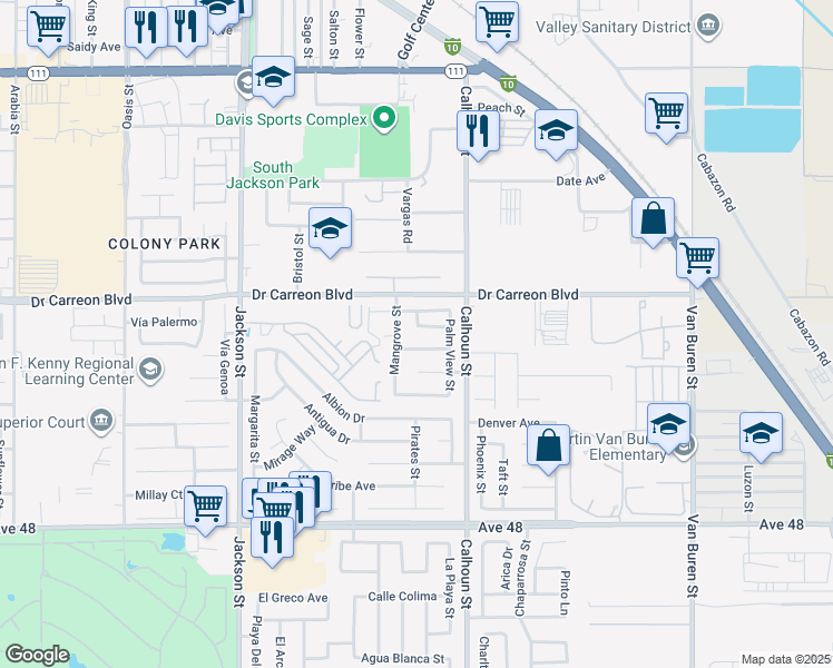 map of restaurants, bars, coffee shops, grocery stores, and more near 83391 Ocean Breeze Lane in Indio