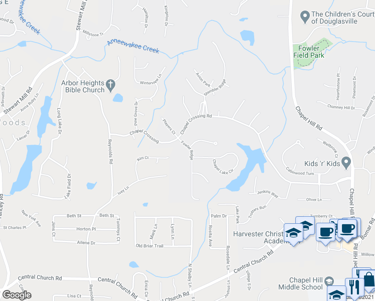 map of restaurants, bars, coffee shops, grocery stores, and more near 3643 Fowler Ridge in Douglasville