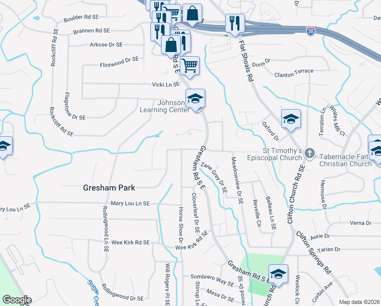 map of restaurants, bars, coffee shops, grocery stores, and more near 2047 Boulderview Drive Southeast in Atlanta