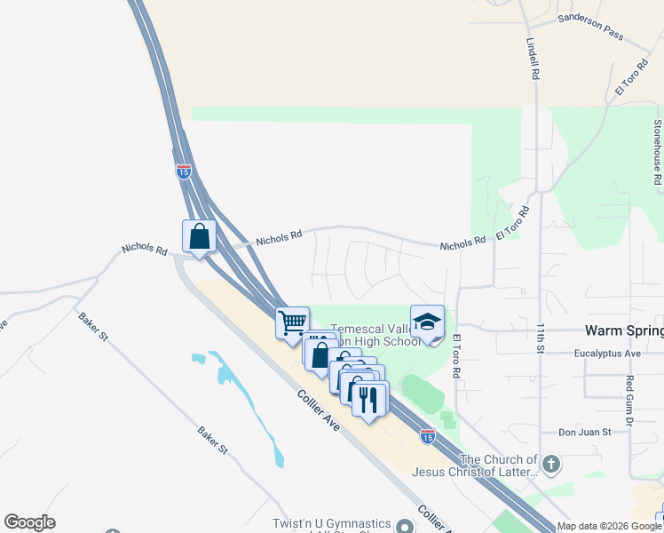 map of restaurants, bars, coffee shops, grocery stores, and more near Nichols Road in Lake Elsinore