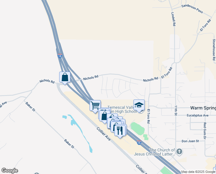 map of restaurants, bars, coffee shops, grocery stores, and more near 19536 Hanging Rock Road in Lake Elsinore