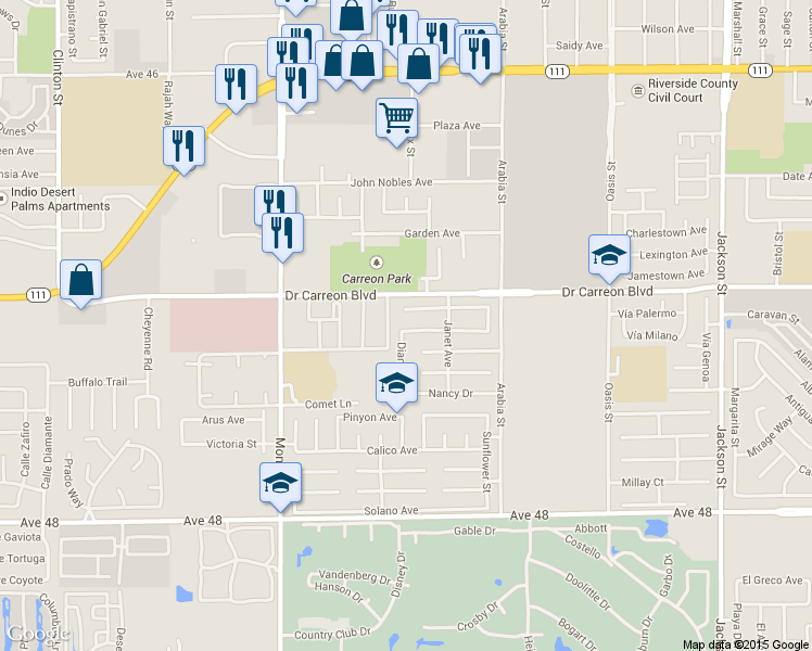 map of restaurants, bars, coffee shops, grocery stores, and more near 82298 Deborah Dr in Indio