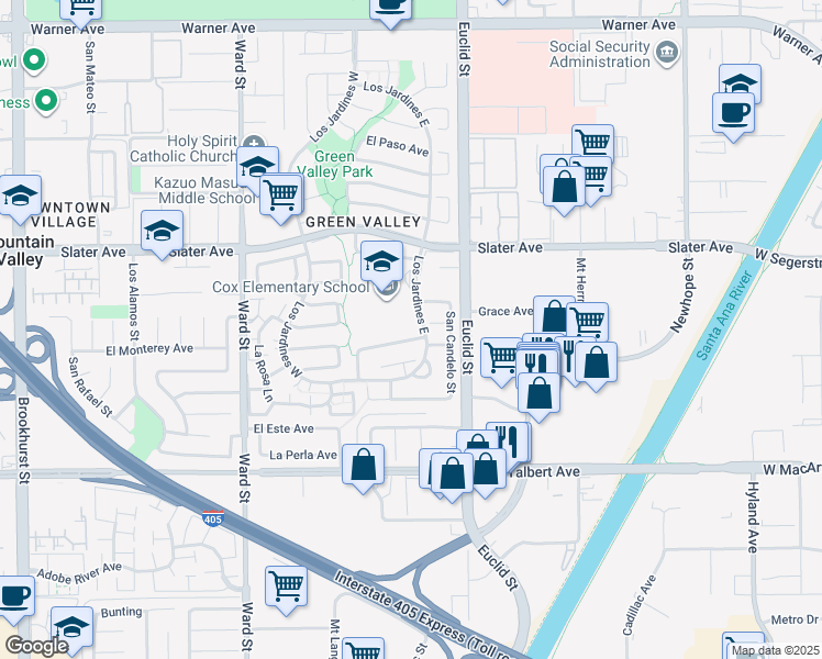 map of restaurants, bars, coffee shops, grocery stores, and more near 17689 Los Jardines East in Fountain Valley