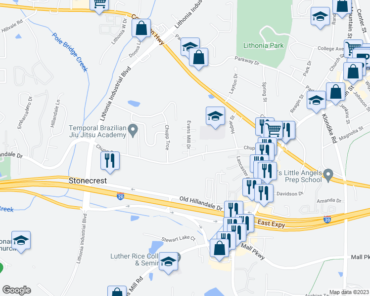 map of restaurants, bars, coffee shops, grocery stores, and more near 2709 Evans Mill Drive in Lithonia